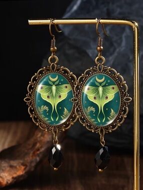 Green Luna Moth Vintage-Style Dangle Earrings 2” long